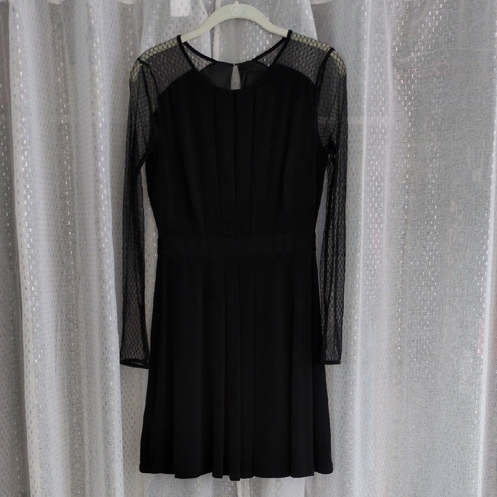 BCBGeneration Black Dress With Fishnet Sheer Sleeves Knee Length